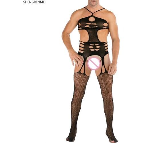 SHENGRENMEI Men Underwear Breathable Sexy Lingerie Halter Jumpsuit Man Gay Fishnet Bodysuit Open Crotch Nightwear Sexy Clothing