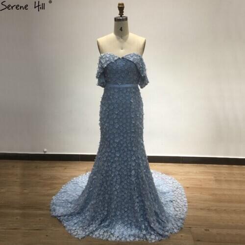 Blue Off Shoulder Mermaid Formal Evening Gowns 2020 Flowers Pearls Short Sleeves Sexy Evening Dresses BLA6611