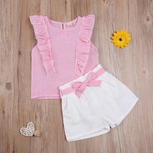 3Pcs Set Baby Girl Summer Outfits Sleeveless Plaid Shirt Tank Tops Shorts Headband Set Casual Girls Clothes