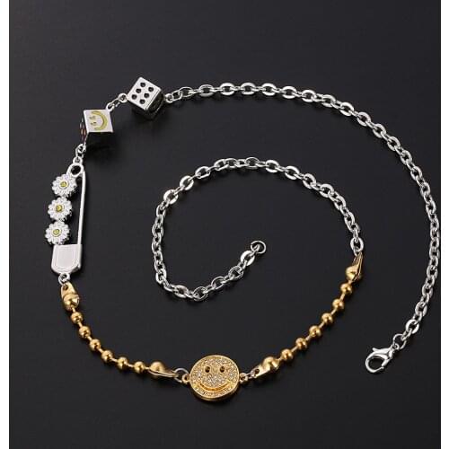Hip Hop Lucky Dice Daisy Necklace Women Men Smilely Face Clip Pin Charms Neck Jewelry Link Chain Choker Unique Birthday Gifts