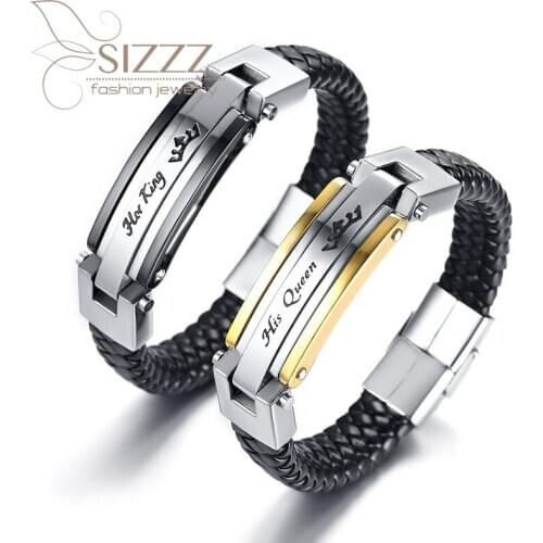 SIZZZ 2020 his queen her king leather + stainless steel couple bracelet&bangles for men/women