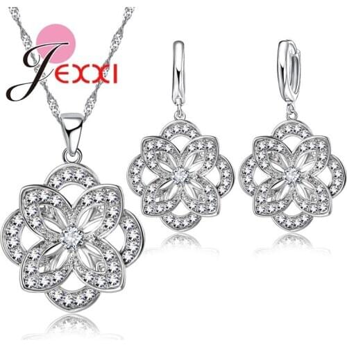 Fashion Jewelry Sets High Quality Necklace Earring Sets For Women Crystal Unique Hollow Flower Design Sterling Silver