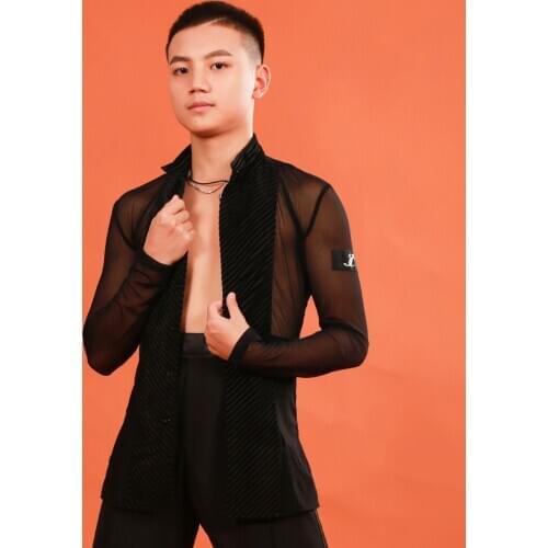 Sexy Latin Dance Clothes For Men Black Long Sleeve Mesh Shirts Practice Clothes Chacha Samba Tango Latin Performance Wear SL2637