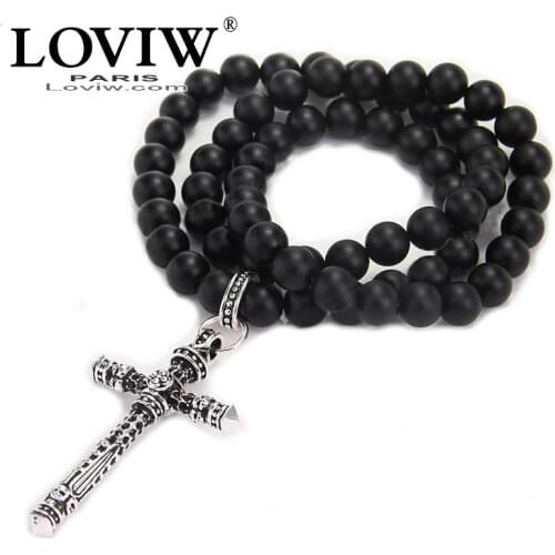 Matte Black Obsidian Beads & silver colour Skulls Cross Pendant Necklace Choker Cool Rock Jewelry New for Men