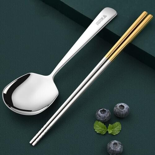 Set of 2 Silvery 304 Stainless Steel Spoon and Chopstic Kit Cutlery Sets Packs Dinnerware for Soup Tableware Gadgets Tools