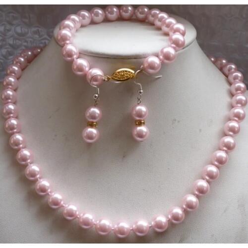 New Arrival 10mm Pink Shell Pearl Necklace Chain Bracelets Earring Set Women High Quality Charming Jewelry Wholesale and Retail