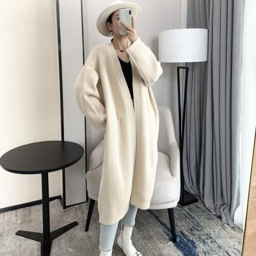 2021 Autumn Winter Knitted Cardigan Womens Mid-length Sweater Coat Loose Temperament Simple Lazy Style Thick Korean Coat