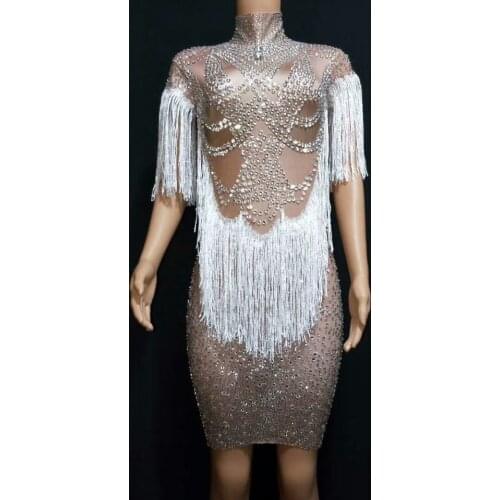 Sparkly Crystals Stretch Dress Women Evening Party Stage Wear Full Rhinestones Tassel Mini Dress Prom Birthday Celebrate Outfit