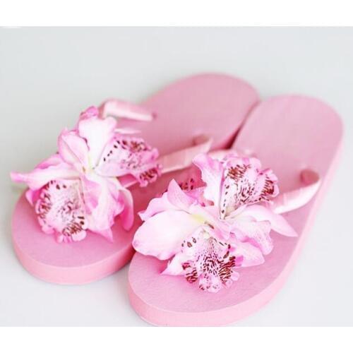 Bohemia seaside holiday white butterfly orchid beach slippers Female flowers in the summer of flat non-slip flip-flops