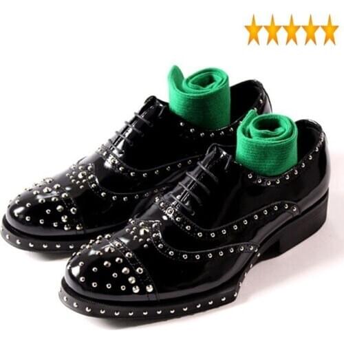 Genuine New 2021 Leather Black Wedding Party Men Formal Dress Shoes Pointed Toe Mid Heel Rivet Mens Footwear US 11.5