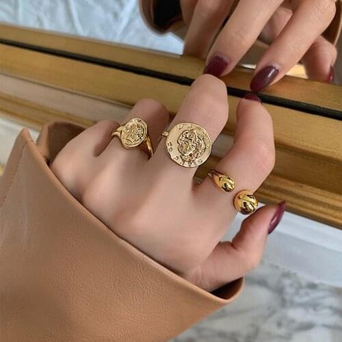 Retro Fashionable Metal Embossed Open Ring Female Trend Portrait Coin Geometric Three-Dimensional Strong Jewelry Gift