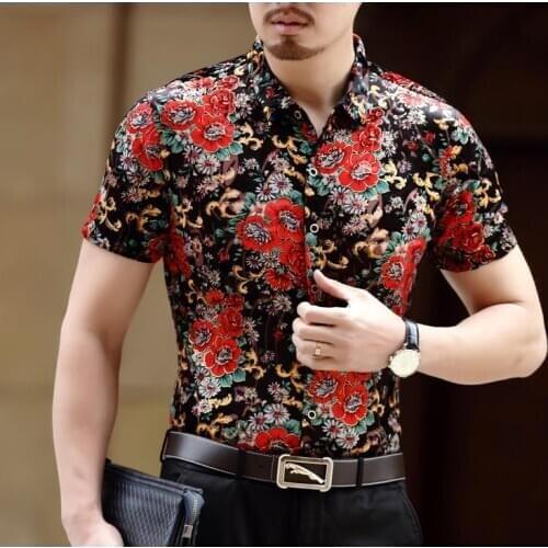Silk Mens Summer Flowers Print Velvet Mens Casual Short Sleeve Sexy Dress Shirts Fashion Slim Soft Thin