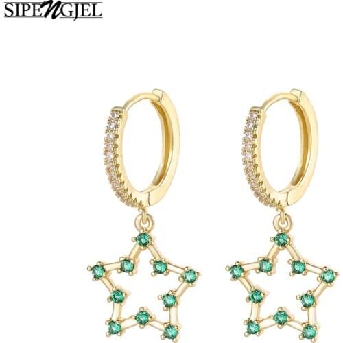 SIPENGJEL Fashion Cubic Zirconia Green Star Earrings Geometric Round Circle Hoop Earrings For Women Korean Jewelry 2020