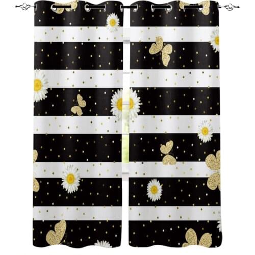 Black And White Stripes Daisy Butterfly Flower Window Curtain Home Decor Curtains for Living Room Bedroom Kitchen Curtain Panel