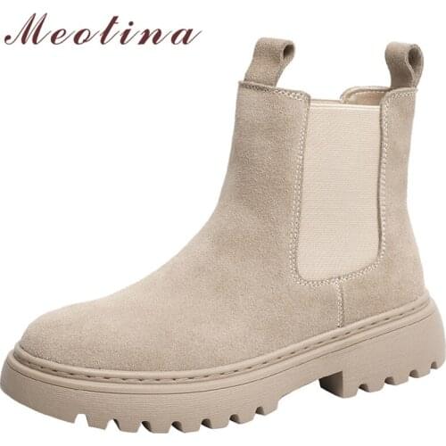 Meotina Women Shoes Genuine Leather Ankle Boots Thick Med Heel Chelsea Boots Round Toe Ladies Boots Autumn Winter Black nubuck