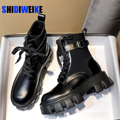 Women Motorcycle Boot Lace Up Ladies Ankle Boots Female Buckle Strap Black Chunky Sole Pouch Ankle Boots Woman Platform Shoe