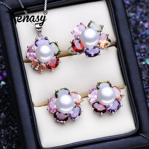 FENASY 925 Sterling Silver Pearl Jewelry Sets Natural Pearl Stud Earrings For Women Colorful Flower Pendant Necklace Party Ring