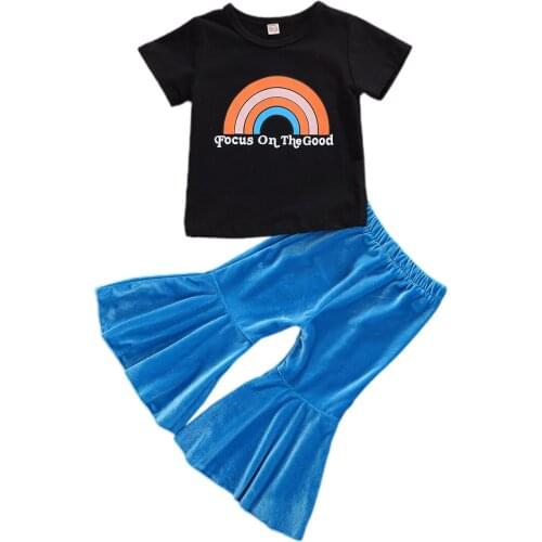 1-5Y NEW Summer Fashion Infant Baby Girls Clothes Sets Rainbow Print Short Sleeve T Shirts Long Flare Pants