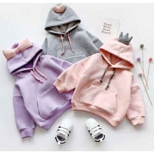 Winter New Baby Girls Hoodies Korean Plus Velvet Thicken Hooded Girls Sweatshirt Kids Clothing Childrens Pocket Warm Pullovers