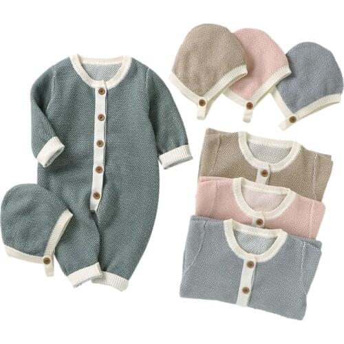 2Pcs Infant Baby Fall Outfits, Long Sleeves Button Down Knit Jumpsuit with Hat Set