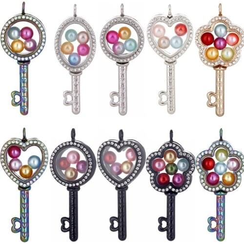 4colors Rhinestone Key Locket Pendant Glass Charms Living Memory Floating Photo Locket Pendant