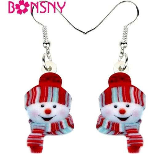 Bonsny Acrylic Christmas Happy Hat Snowman Earrings Drop Dangle Cartoon Decoration Jewelry For Women Girls Teens Charms Bijoux