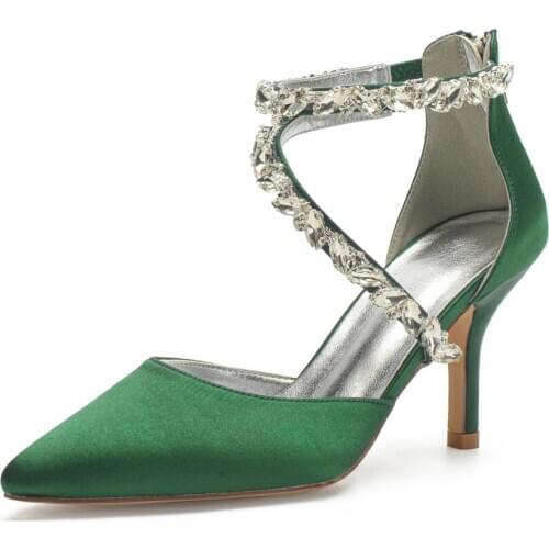 Pointed toe Satin Evening Dress Shoes with Crystal Strap Silver Rhinestone Bridal Wedding Party Prom Stelitto Pumps Sandals
