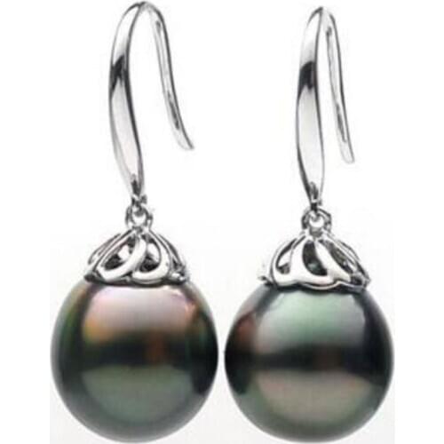 Free shipping>>>>noble jewelry Luminous Genuine Tahitian Peacock Green Pearl Drop Earrings 14K White Gold