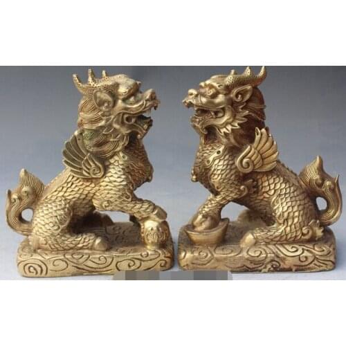 Free shipping shitou 003272 7" Chinese Bronze Wealth Yuanbao Animal Dragon Kylin Qilin Unicorn Chi-lin Pair