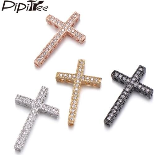 Pipitree Clear Cubic Zirconia Cross Beads Charms Copper Large Size DIY Crosses Charm Spacer Beads for Bracelet Jewelry Making
