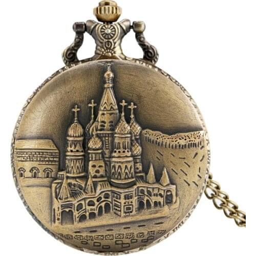 Castle Building Wall Design Retro Necklace Quartz Pocket Watch Necklace Bronze Pendant Chain Jewelry Collectibles for Men Women