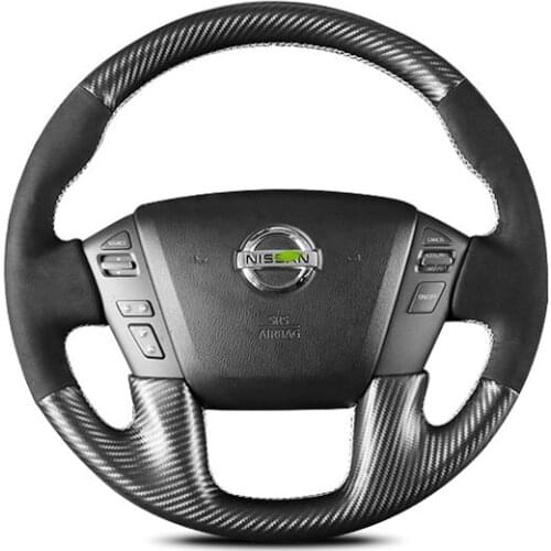 3D Carbon Fiber&Black Suede White Thread Steering Wheel Hand Sewing Wrap Cover Fit For Nissan Patrol 2017-2020