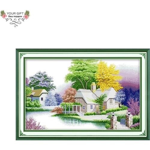 Joy Sunday Sweat House Home Decoration F087 14CT 11CT Counted Stamped A Peaceful Cabin Handcraft Needlepoint Cross Stitch Kit