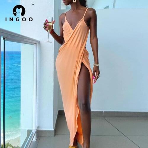 INGOO Elegant Beach Maxi Dress Women Spaghetti Strap Wool Fleece Slim Long Robe V Neck High Split Backless Sexy Party Dresses