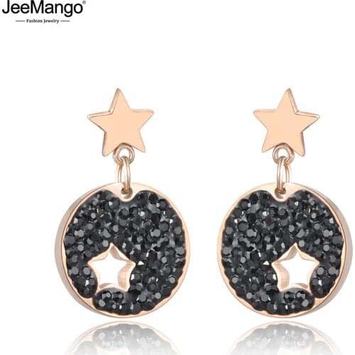 JeeMango Black White Rhinestone Simple Round Star Earrings Titanium Steel Rose Gold Color Female Stud Earrings Brincos JE18019