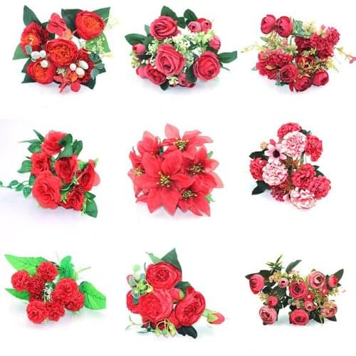 Red variety of autumn fake tea rose peony silk flower autumn gerbera daisy artificial flower plastic DIY wedding home accessorie