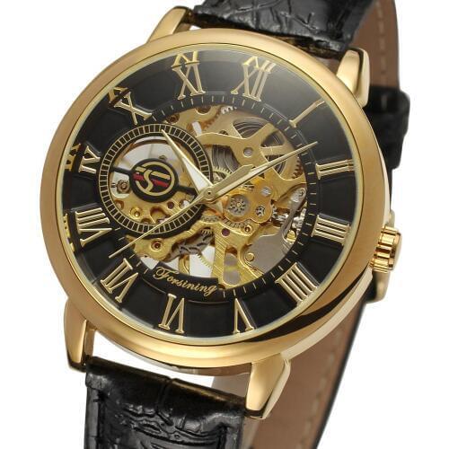 Forsining 3d Logo Design Hollow Engraving Black Gold Case Leather Skeleton Mechanical Watches Men Luxury Brand Heren Horloge