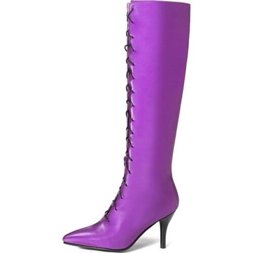 Sweet Knee High Boots Women Shoes Fashion Lace-up Womens High Boots Sexy Purple High Heels Womens Autumn Winter Shoes Big Size