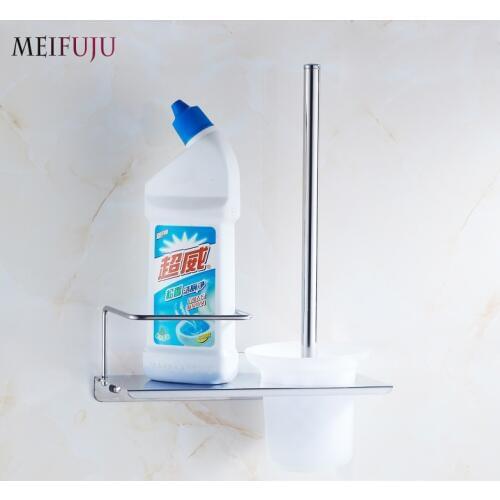 MEIFUJU Multi functional Toilet Brush Holder With Glass Cup toilet brush set 304 stainless steel Wall Mounted with shelf MFJ505