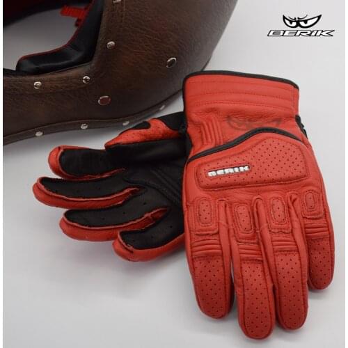 BERIK Motorcycle Gloves Retro Genuine Leather Breathable Motorbike Gloves Moto Bike Touch Screen Gloves Black Red Brown