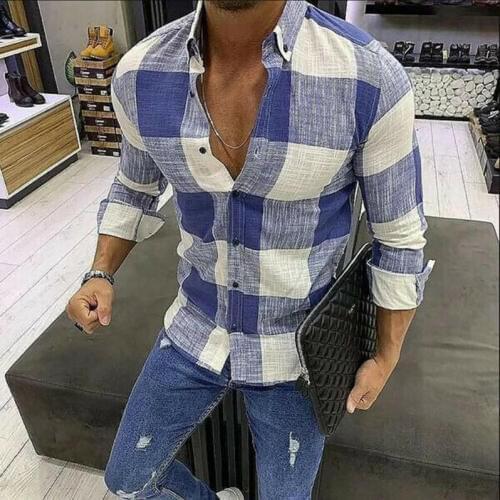 New Fashion 2019 Mens Blue Plaid Casual Shirt Male Long Sleeve Turn-down Collar Autumn Shirts Plus Size