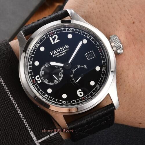 New Arrival Parnis 46mm Silver Case Automatic Mechanical Men Watch Power Reserve Mens Watches Calendar Man Clock