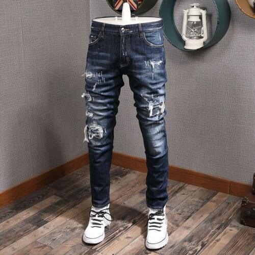 Brand Style 2021 Men Jeans High Quality Vintage Dark Blue Slim Fit Ripped Denim Trousers Streetwear Hip Hop Designer Pants