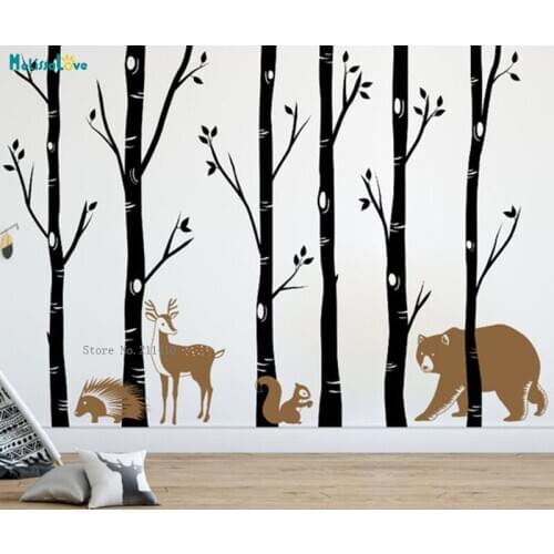 Forest Six Birch Tree Wall Decals Bear Deer Squirrel Hedgehog Nursery For Kids Room Custom Two Colors Art Decor YT3515