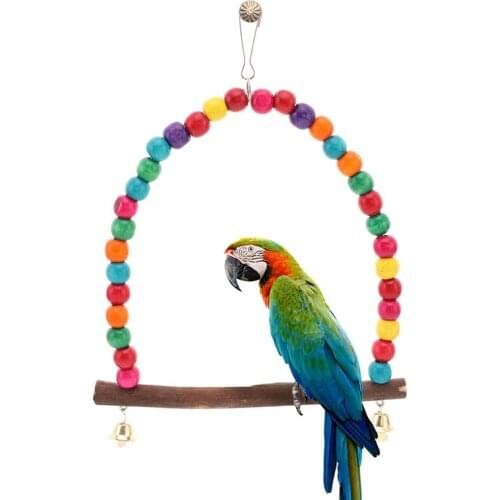Natural Wooden Parrots Swing Toy Birds Perch Hanging Swings Cage With Colorful Beads Bells Toys Bird Supplies