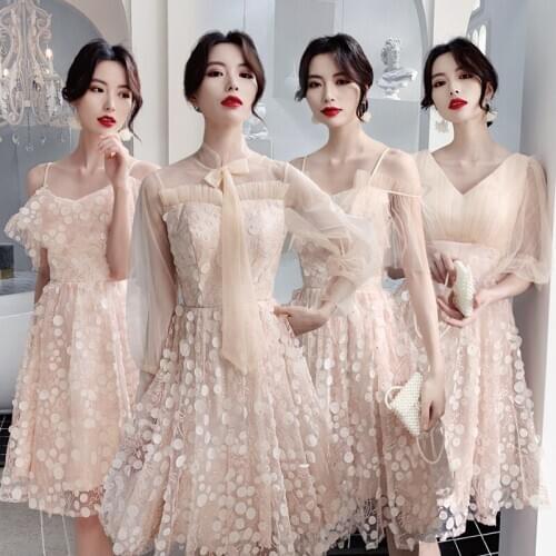 Bridesmaids Dress Illusion A-Line V-Neck Half Knee-Length Lace Tulle Embroidery Pleat Luxury Pink Women Wedding Party Gown E301