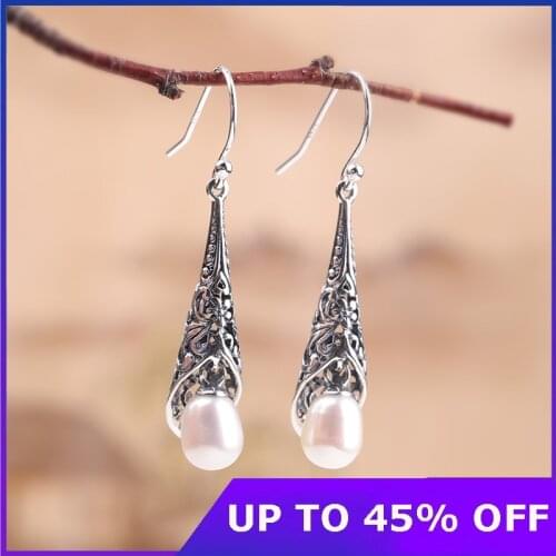 Real 100% 925 Sterling Silver Elegant Teardrop Pearl Earrings for Women Vintage Dangle Earrings Wedding Bridesmaid Gift