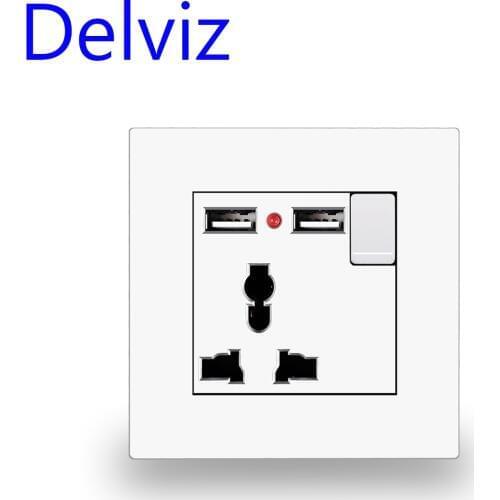 Delviz Usb socket Eu standard, Universal 3-hole, White panel International socket, LED indicator, Switch control dual usb outlet