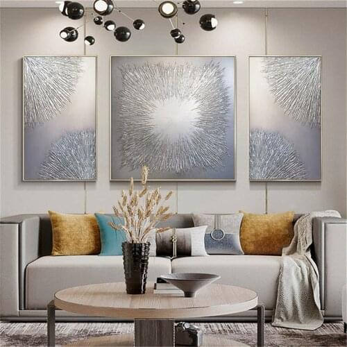 Hand-painted oil painting modern abstract brilliant rays triple combination canvas painting bright silver living room decoration