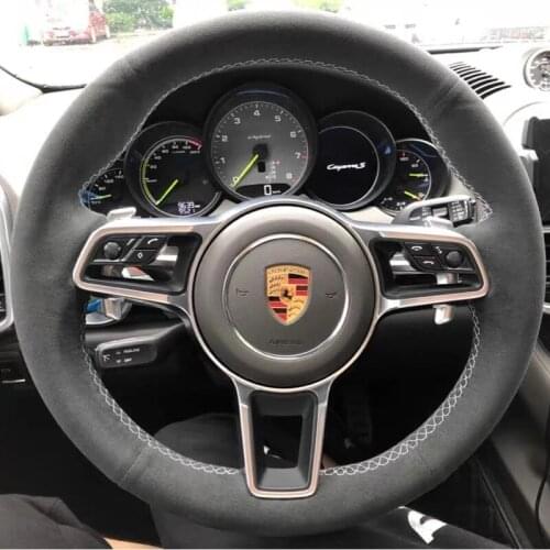Hand-Stitched Soft Black Genuine Leather Black Suede Car Steering Wheel Cover For Porsche Macan Cayenne 2015-2016